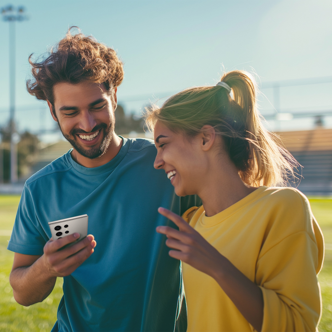 One couple checking his phone and laughing